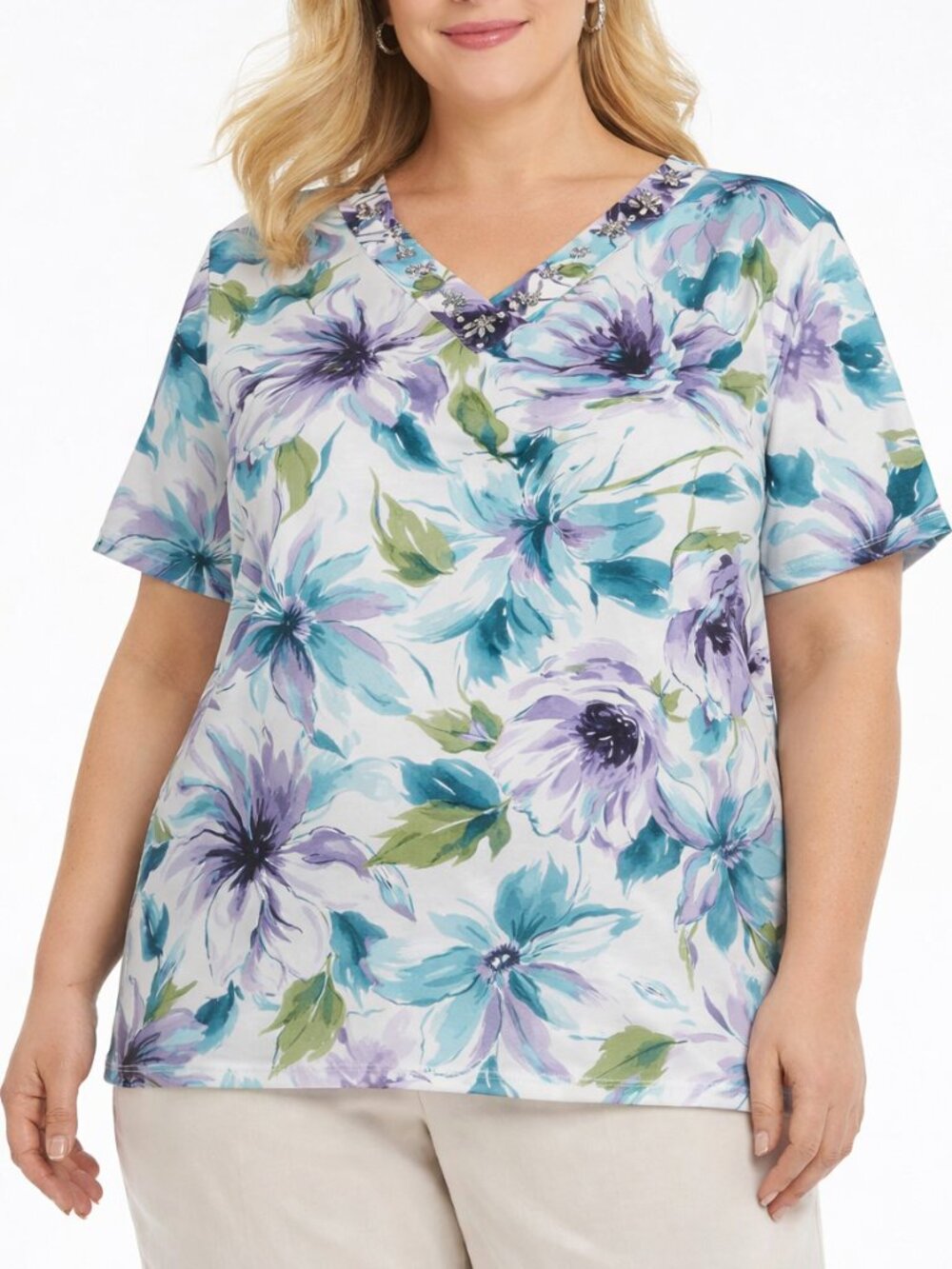 Alfred Dunner Floral Print Gem Embellished Short Sleeve 1X Top - Brand New